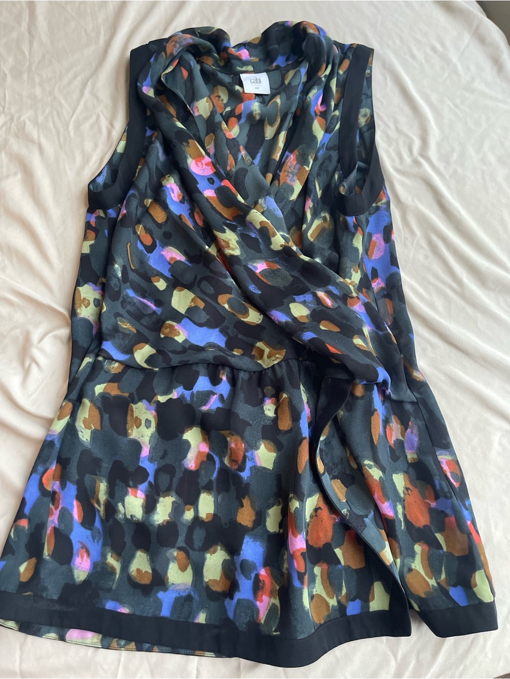 CAbi Black Multicolor Sleeveless Draped V-Neck Tunic